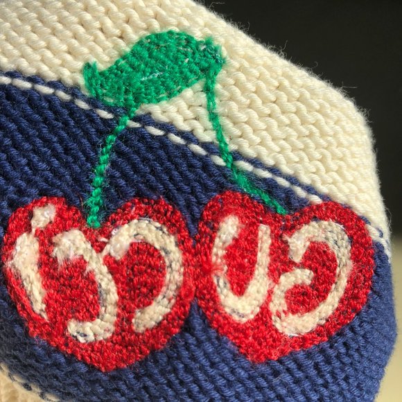 Gucci Blue and White Striped Beanie Hat with Cherry Motif - Picture 3 of 3